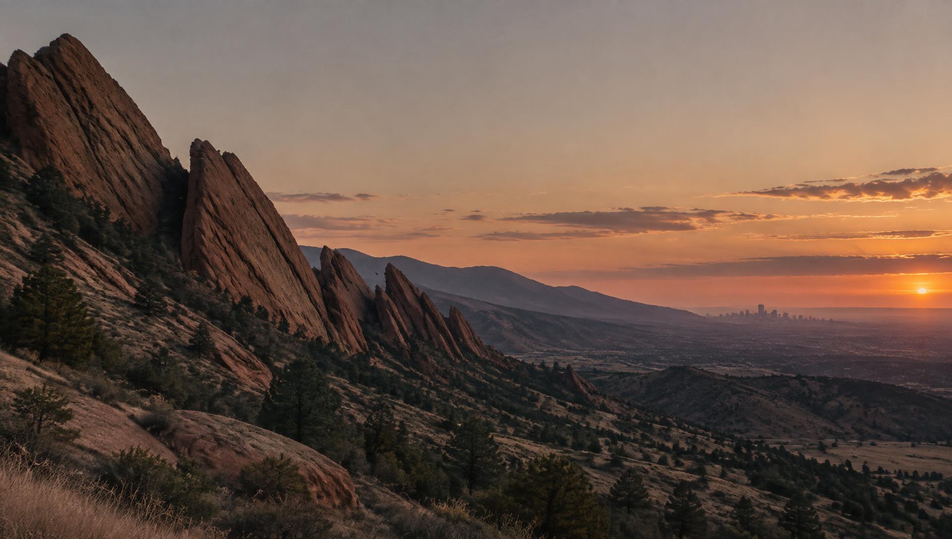 Red rock formations above the Front Range at dusk